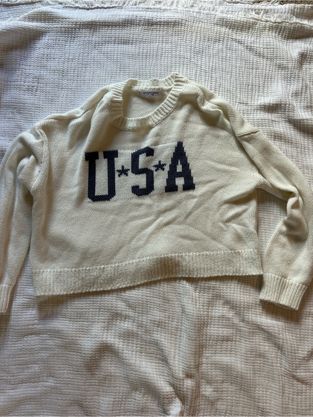 Grayson Threads Cream Crewneck Sweater with Navy USA Graphic